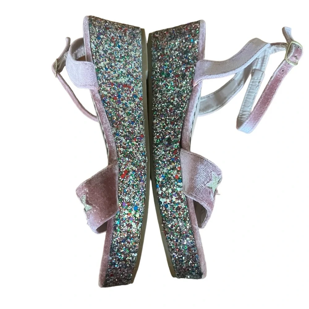 Betsey Johnson 5 Kenna Velvet Sparkle Sandals Stars Straps Boho Pink‎ Heel Wedge